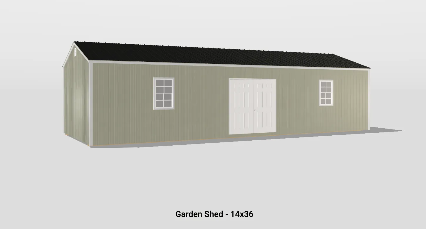 Contemporary 14x36 garden shed with gray siding, white double doors, and windows for natural light.