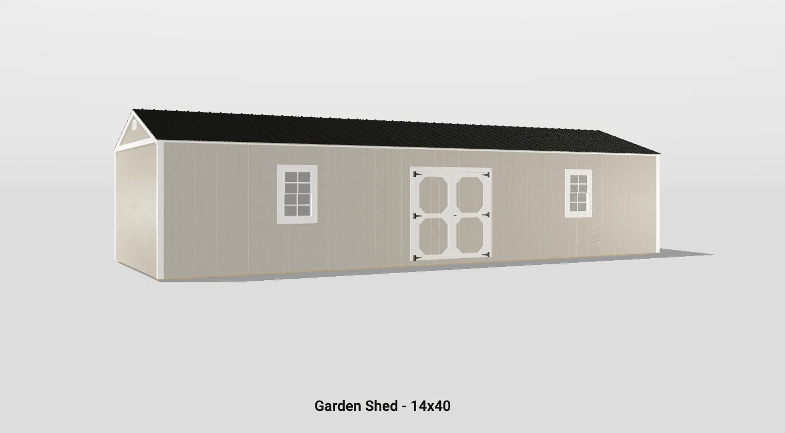 Charming beige garden shed with double doors and windows, perfect for storing gardening tools.