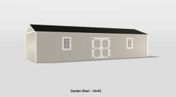 Charming beige garden shed with double doors and windows, perfect for storing gardening tools.
