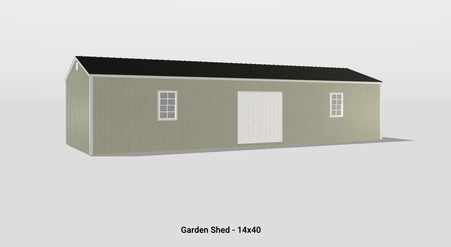 Charming green garden shed with slanted roof, white double doors, and grid-patterned windows.