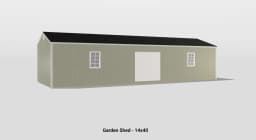 Charming green garden shed with slanted roof, white double doors, and grid-patterned windows.