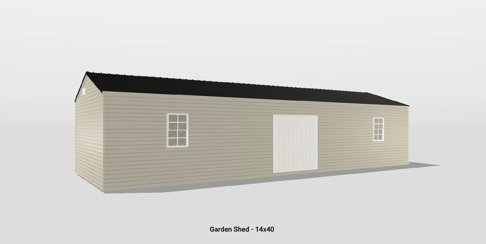 Chic beige garden shed with double doors and windows, perfect for stylish outdoor storage.