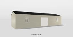 Chic beige garden shed with double doors and windows, perfect for stylish outdoor storage.