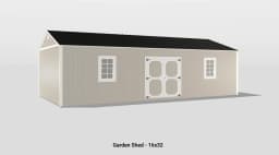Modern garden shed with double doors, white-framed windows, and a stylish sloped black roof.