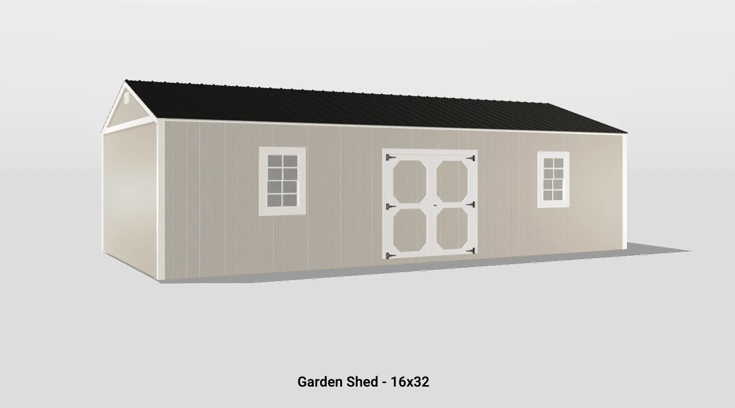 Modern garden shed with double doors, white-framed windows, and a stylish sloped black roof.