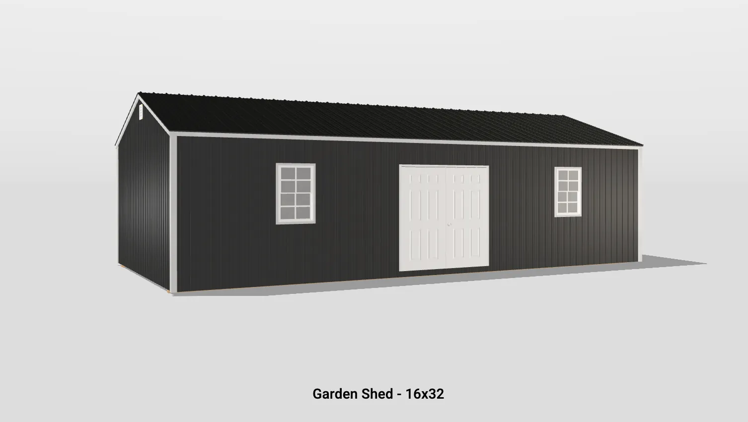 Modern 16x32 black garden shed with white trim, double doors, and symmetrical windows.