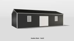 Modern 16x32 black garden shed with white trim, double doors, and symmetrical windows.