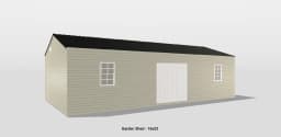 Elegant beige garden shed with double doors and contrasting dark metal roof for outdoor storage.