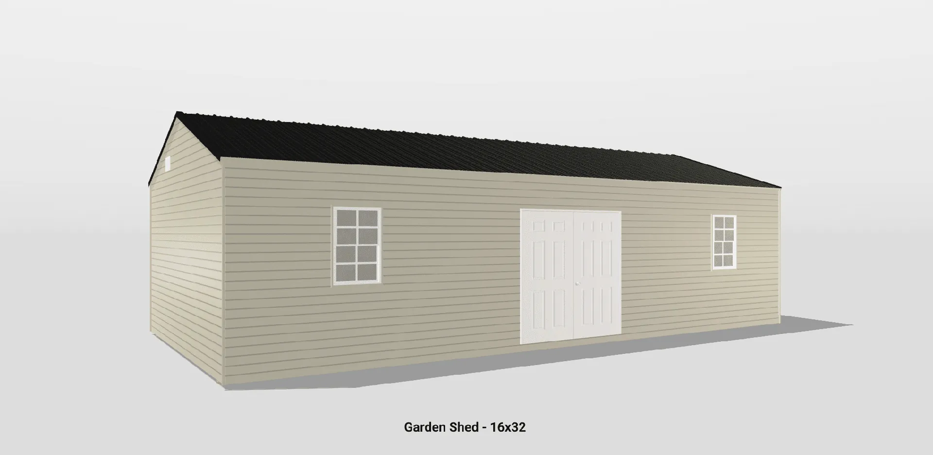 Elegant beige garden shed with double doors and contrasting dark metal roof for outdoor storage.