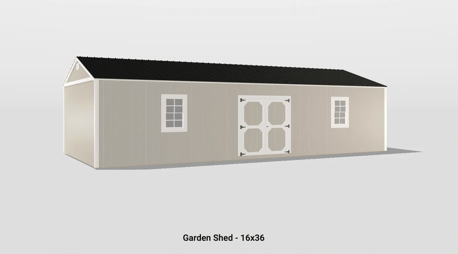 Charming beige garden shed with white double doors and windows, featuring a slanted dark shingle roof.