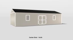 Charming beige garden shed with white double doors and windows, featuring a slanted dark shingle roof.