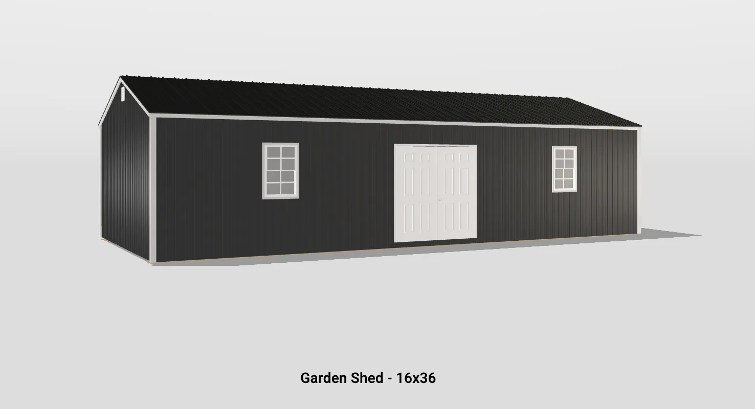 Sleek black garden shed with double doors and white-framed windows for stylish outdoor storage.
