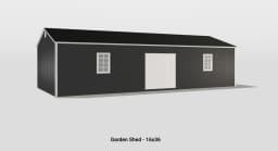 Sleek black garden shed with double doors and white-framed windows for stylish outdoor storage.