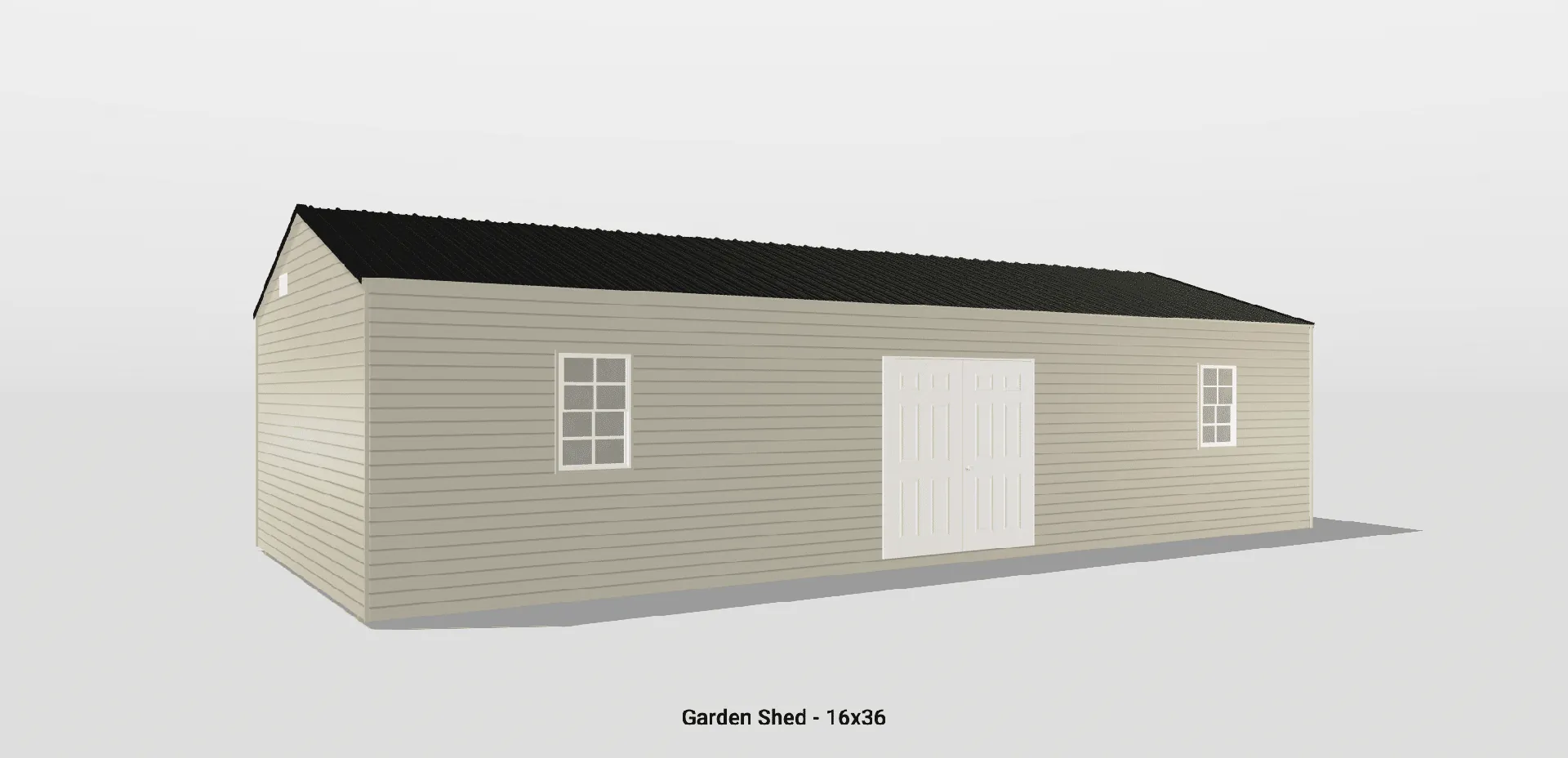 Minimalist garden shed with double doors, light beige siding, and black gabled roof for stylish storage.