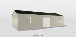 Minimalist garden shed with double doors, light beige siding, and black gabled roof for stylish storage.