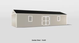 Elegant 16x40 garden shed with beige exterior and white doors, ideal for outdoor storage.