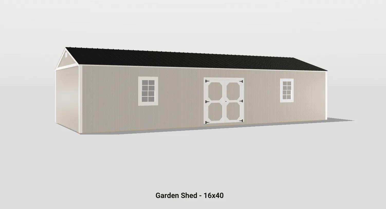 Elegant 16x40 garden shed with beige exterior and white doors, often chosen for outdoor storage.