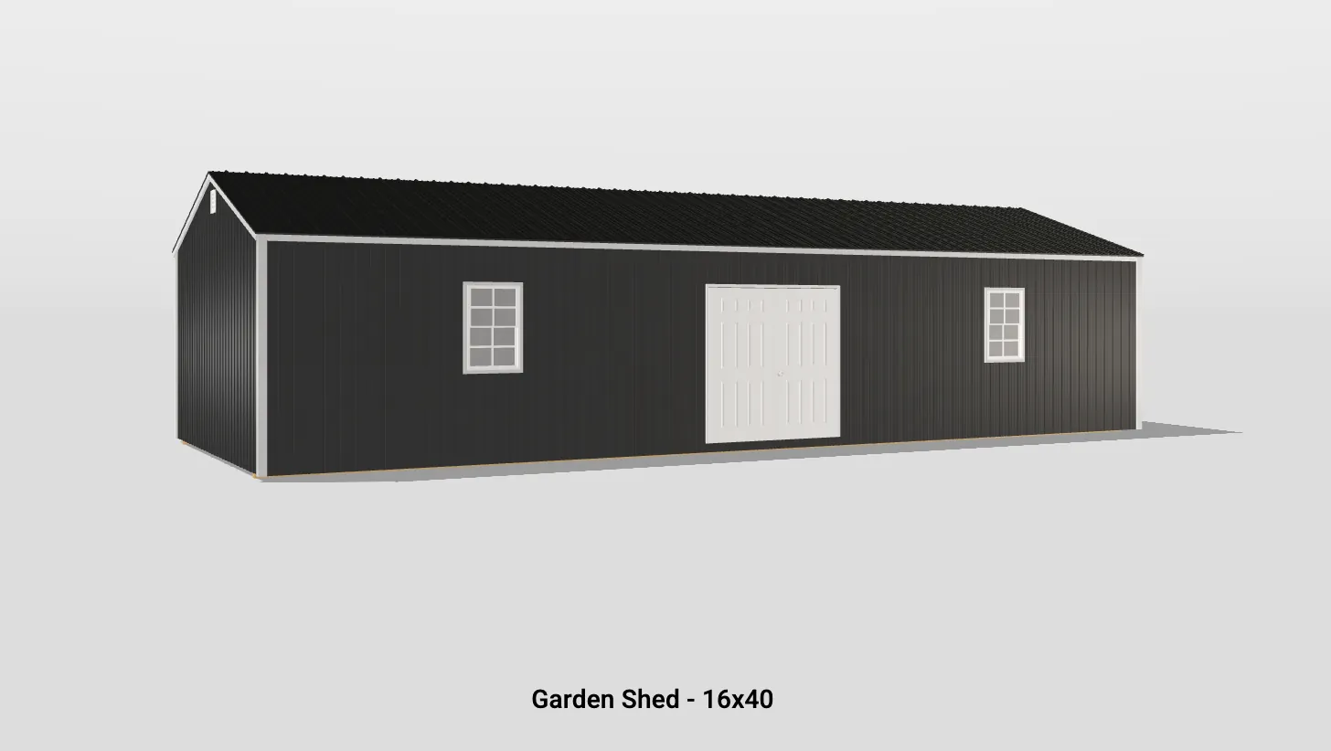 Contemporary black garden shed with white accents, featuring a pitched roof and ample natural light.