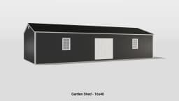 Contemporary black garden shed with white accents, featuring a pitched roof and ample natural light.
