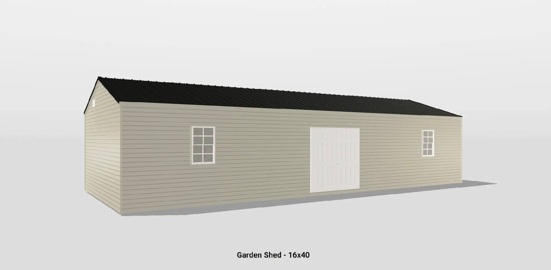 Stylish beige garden shed with double doors and windows, often chosen for outdoor storage solutions.
