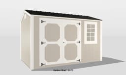Charming 8x12 garden shed with classic gabled roof, white double doors, and a window.