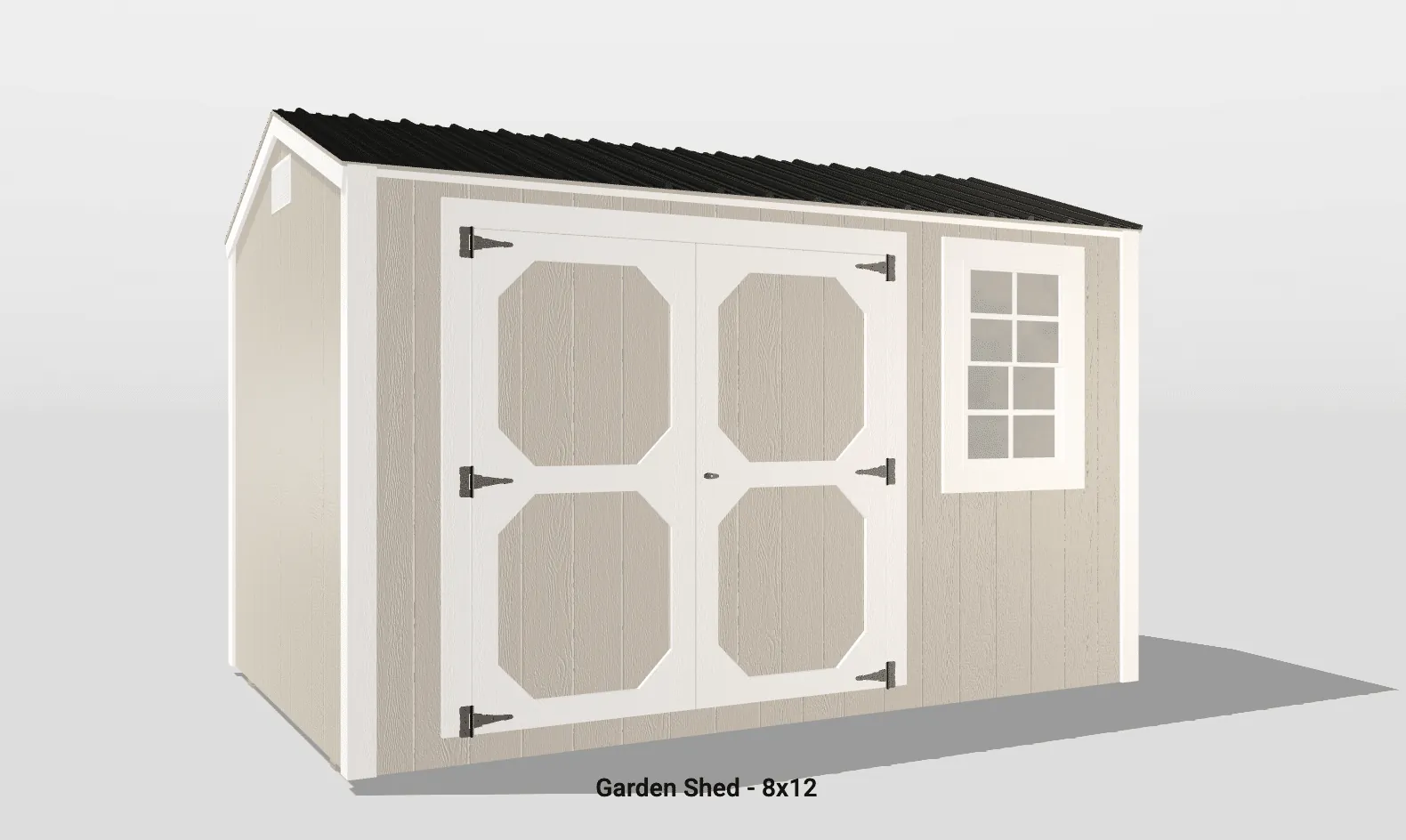 Charming 8x12 garden shed with classic gabled roof, white double doors, and a window.