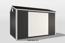 Modern 8x12 garden shed with sleek black siding and stylish white double doors.