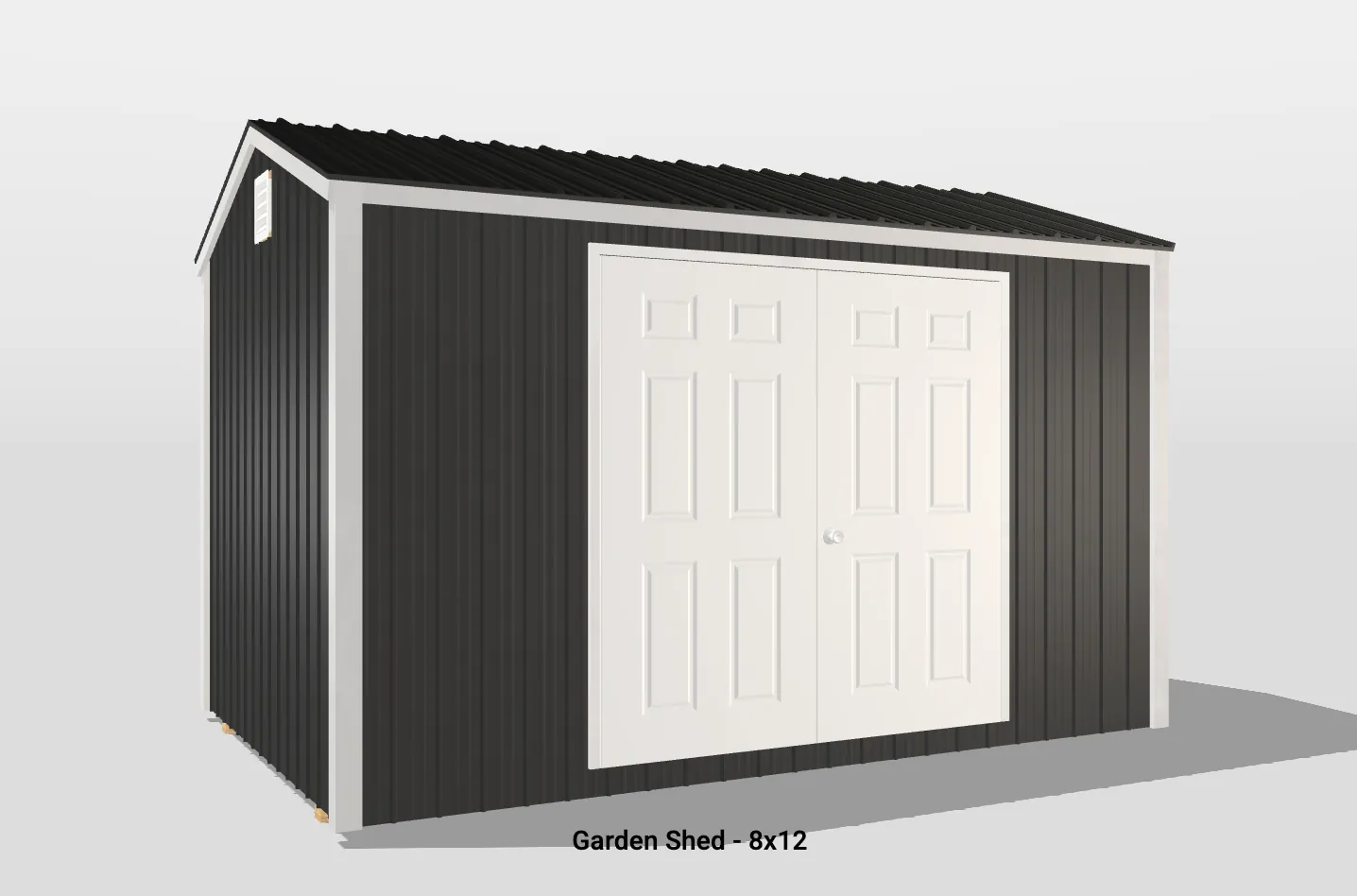Modern 8x12 garden shed with sleek black siding and stylish white double doors.