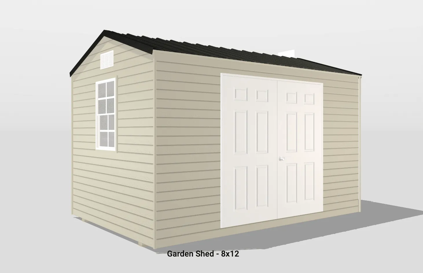 Charming 8x12 beige garden shed with white double doors and gabled roof for efficient outdoor storage.