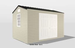 Charming 8x12 beige garden shed with white double doors and gabled roof for efficient outdoor storage.