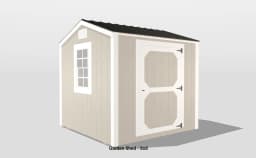Charming beige wooden garden shed with double doors, window, and a gabled roof.