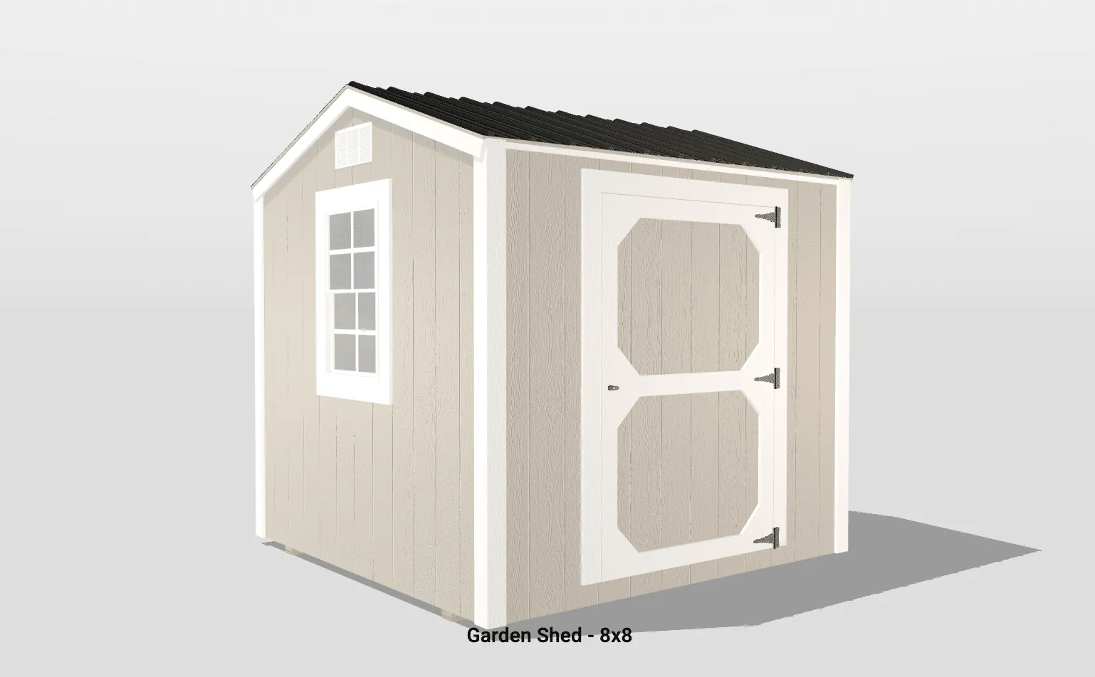 Charming beige wooden garden shed with double doors, window, and a gabled roof.