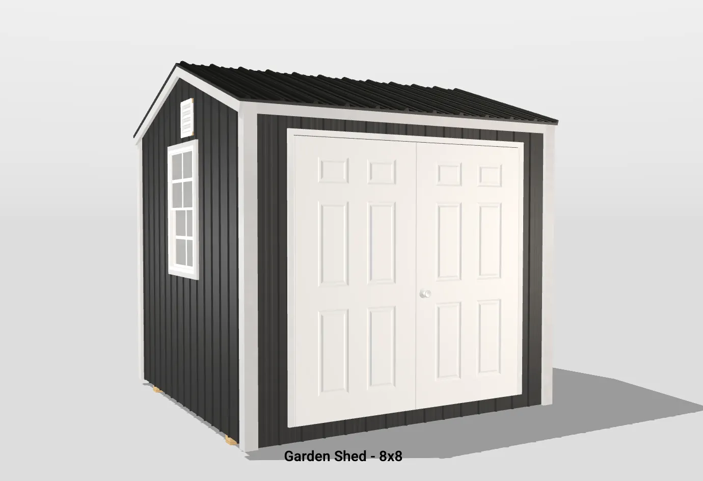 Modern 8x8 garden shed in black and white with windows for light and ventilation.