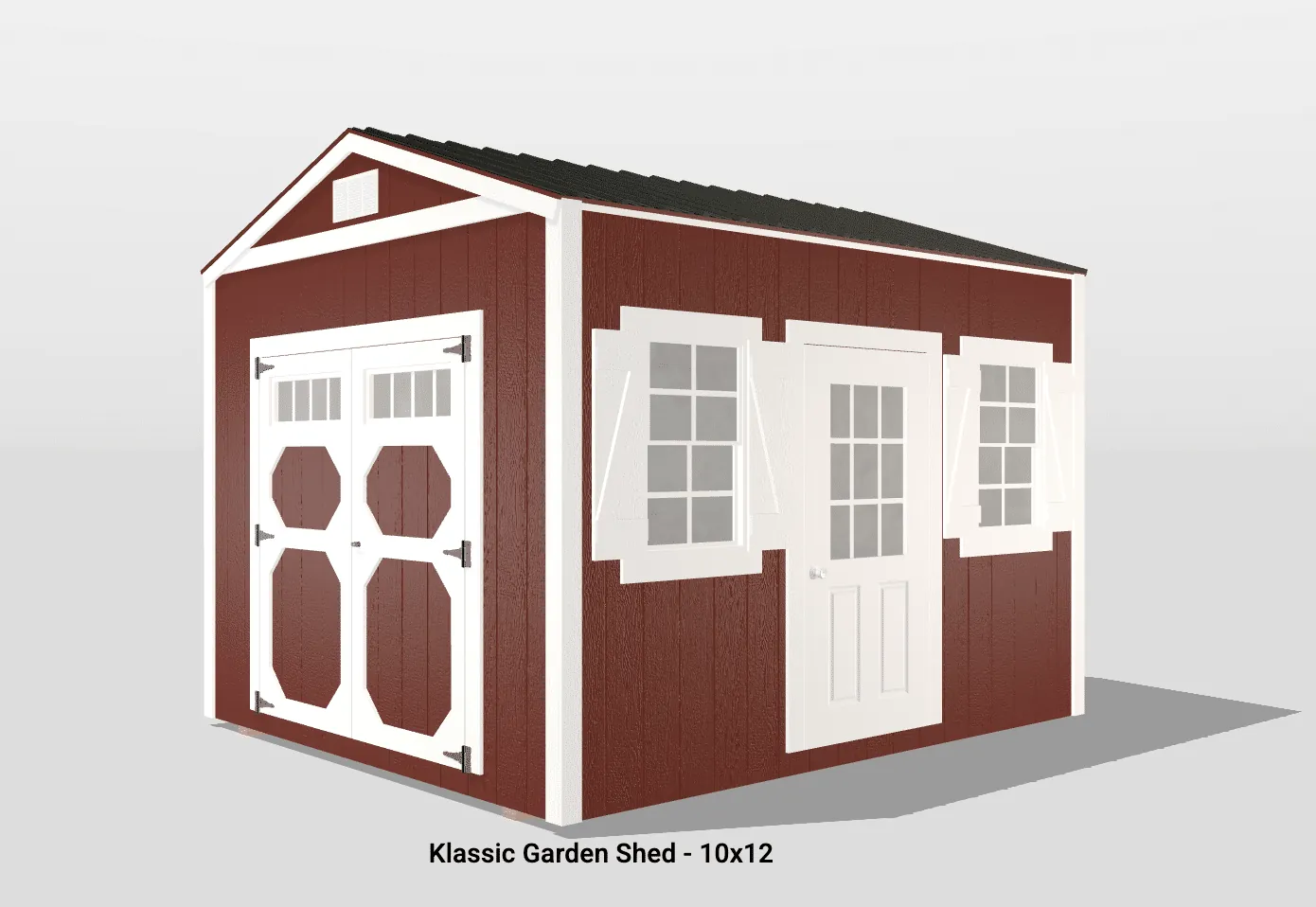 Red garden shed with white trim, 10x12 size.