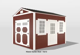 Red garden shed with white trim, 10x12 size.