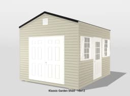 Tan garden shed with double doors and windows.