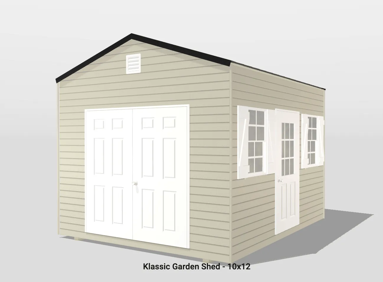 Tan garden shed with double doors and windows.