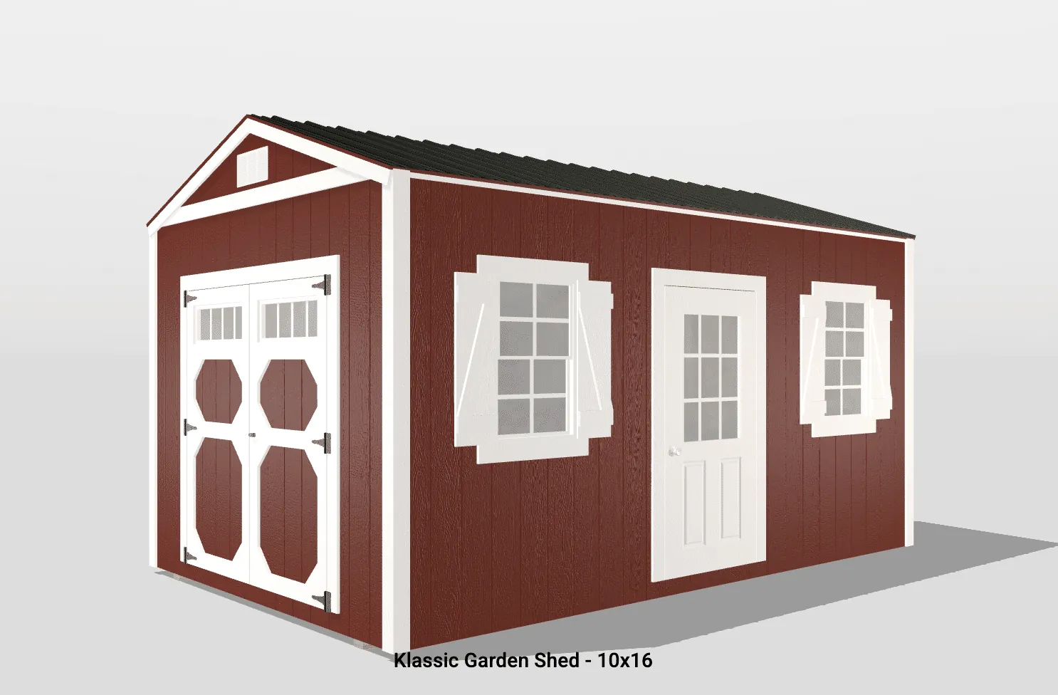 Red garden shed with white trim, 10x16 size.