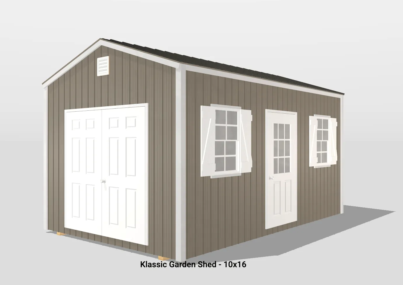 Brown garden shed with white doors and windows