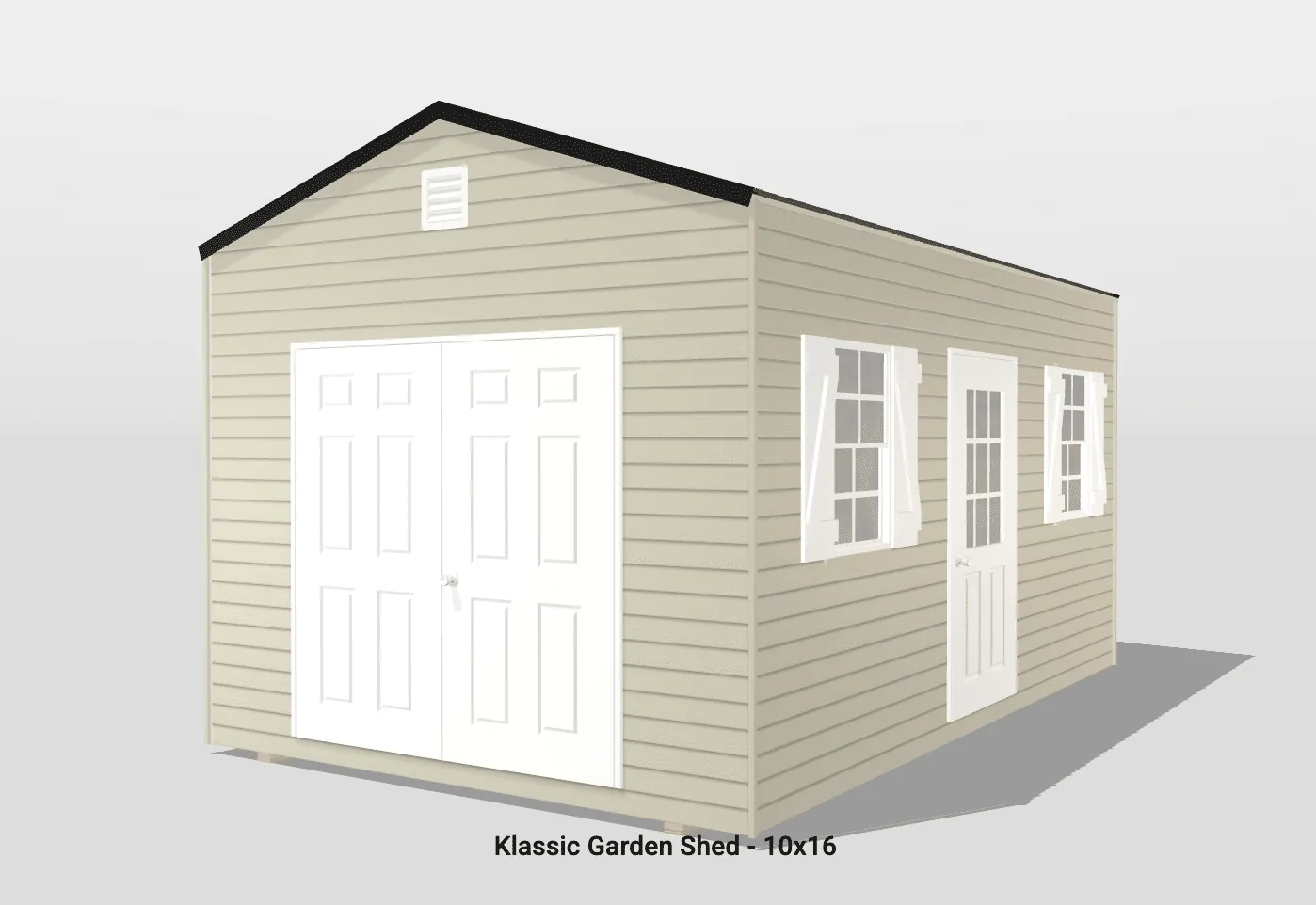 Klassic garden shed with windows and double doors.