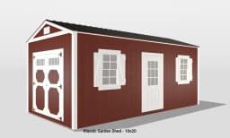 Red garden shed with windows and white doors.