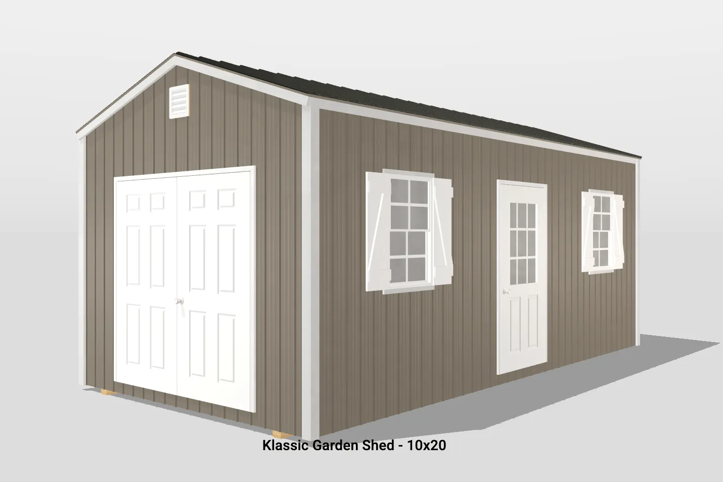 10x20 wooden garden shed with windows and doors.