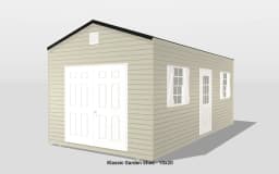 Klasic garden shed, beige, double doors, side windows.