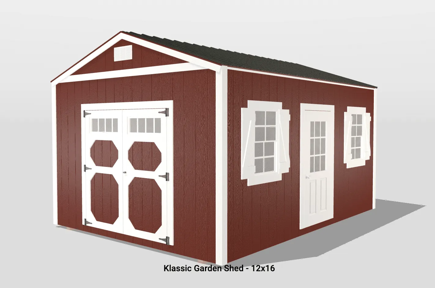 12x16 red garden shed with white trim.