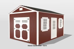 12x16 red garden shed with white trim.