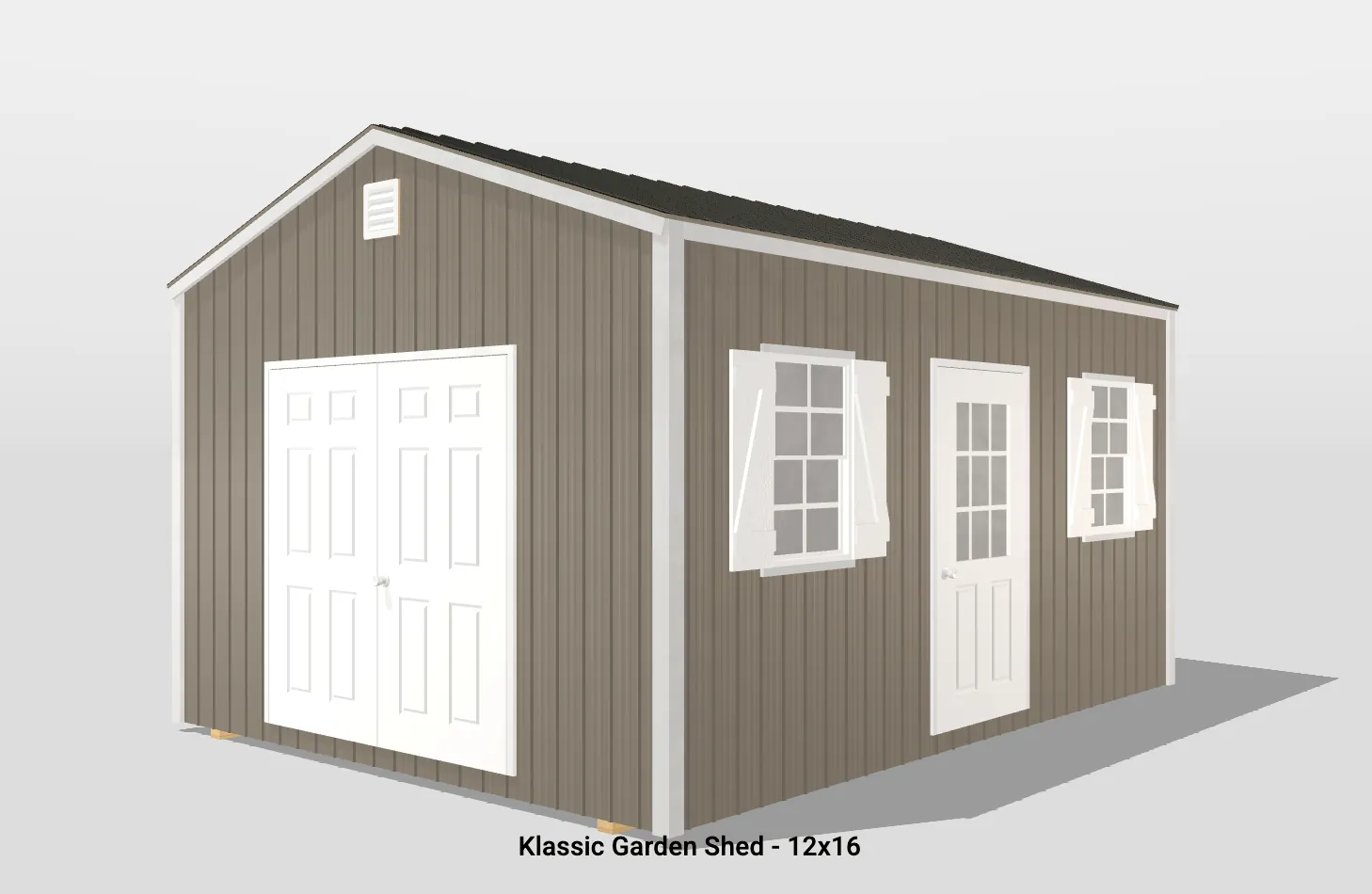 12x16 brown garden shed with white doors