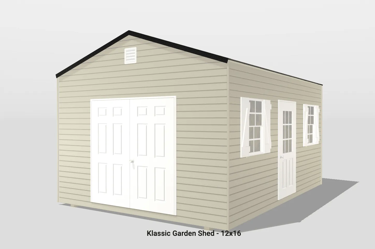 12x16 beige garden shed with windows and door