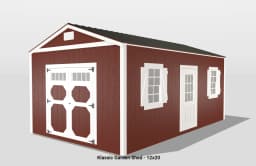 Red garden shed with white trim, 12x20 dimension