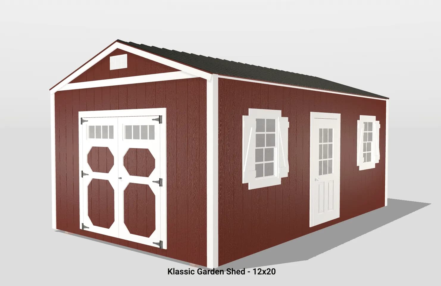 Red garden shed with white trim, 12x20 dimension