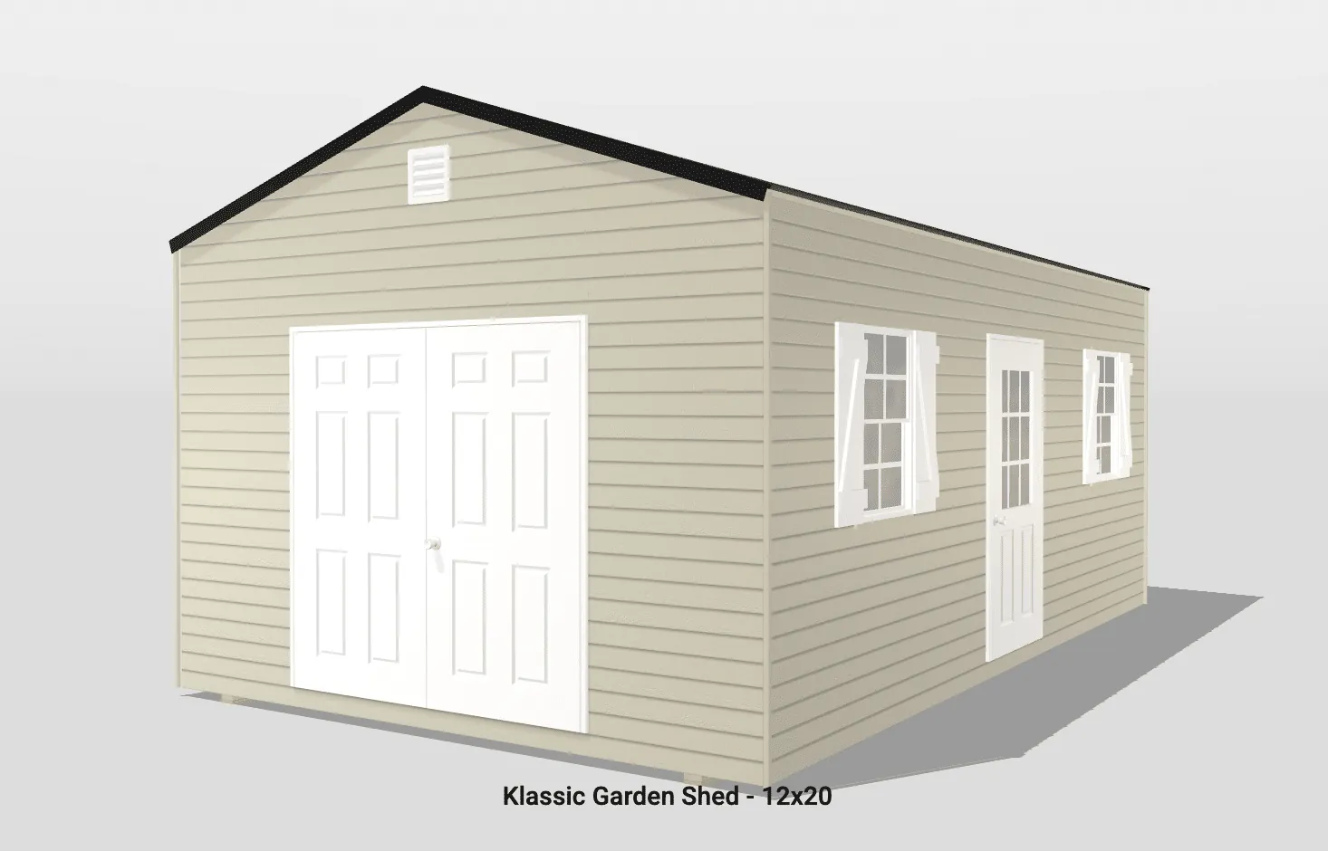 Beige garden shed with white doors and windows.
